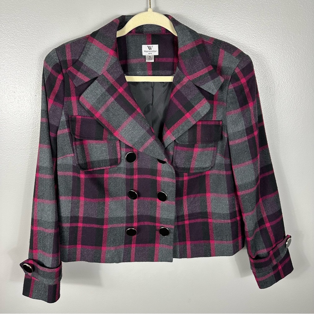 Worthington Double Breasted Pink Plaid Blazer/Jacket Women’s Size Petite Large
